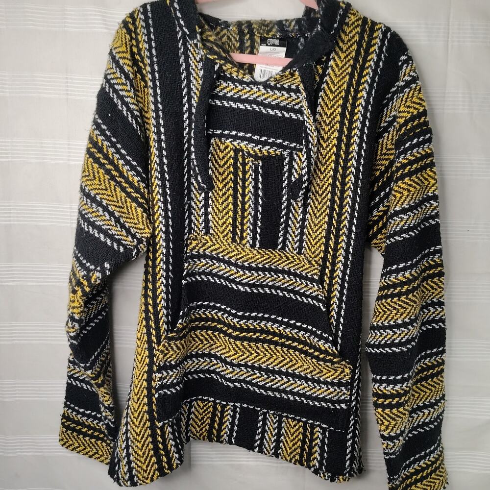 Oland Outdoors Baha Bohemian Blanket Hoodie Men Large Yellow Black White Mexico